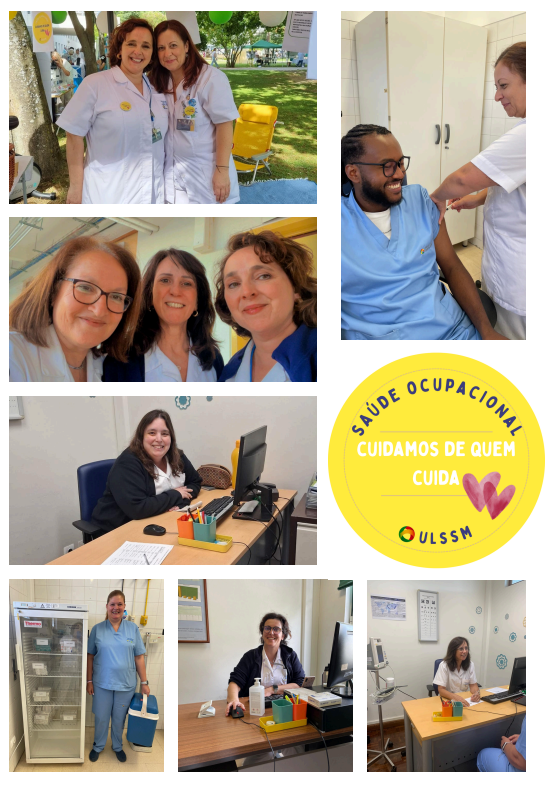 Registos fotográficos da equipa do Serviço de Saúde Ocupacional da ULS Santa Maria em diferentes contextos de trabalho